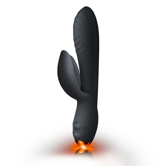 A sleek black rabbit vibrator with a dual independent motor, designed for clitoral stimulation and shaft pleasure. The device has a smooth, streamlined shape and a velvet soft texture.