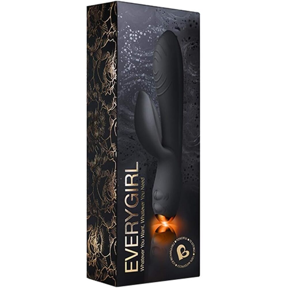 A sleek black rabbit vibrator with a dual independent motor, designed for clitoral stimulation and shaft pleasure. The device has a smooth, streamlined shape and a velvet soft texture.