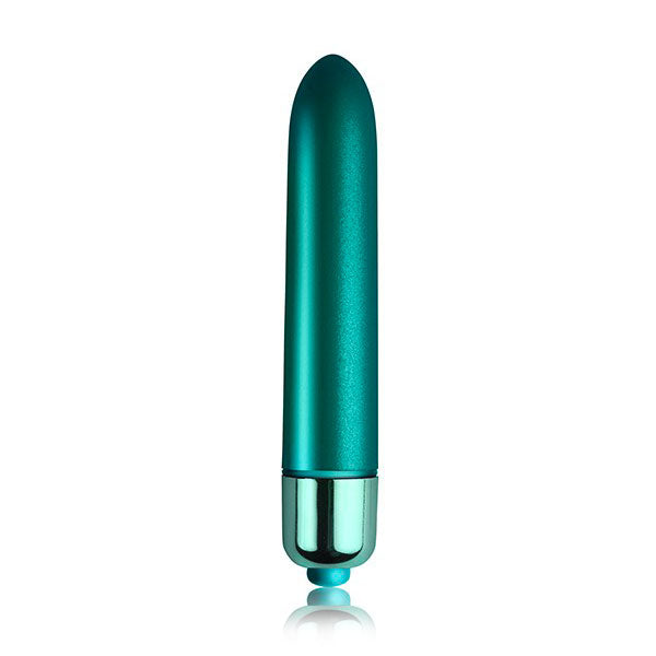 A blue, sleek and cylindrical vibrator with a smooth texture, featuring a metallic band near the base and a power button at the bottom.