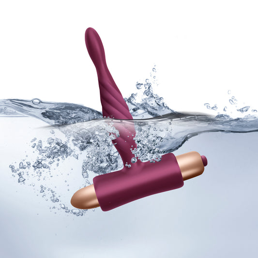 The image shows two maroon-colored silicone vibrators, one designed for vaginal insertion and the other for clitoral stimulation, along with their remote controls.