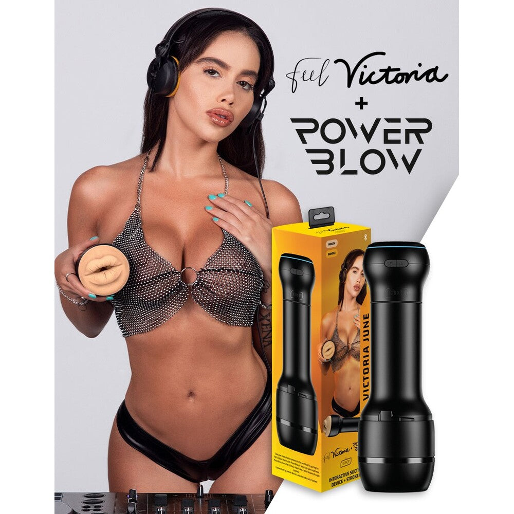 The image shows a woman in lingerie holding the Kiiroo PowerBlow device, with the product's packaging in the background featuring the 'Feel Victoria + Power Blow' text.