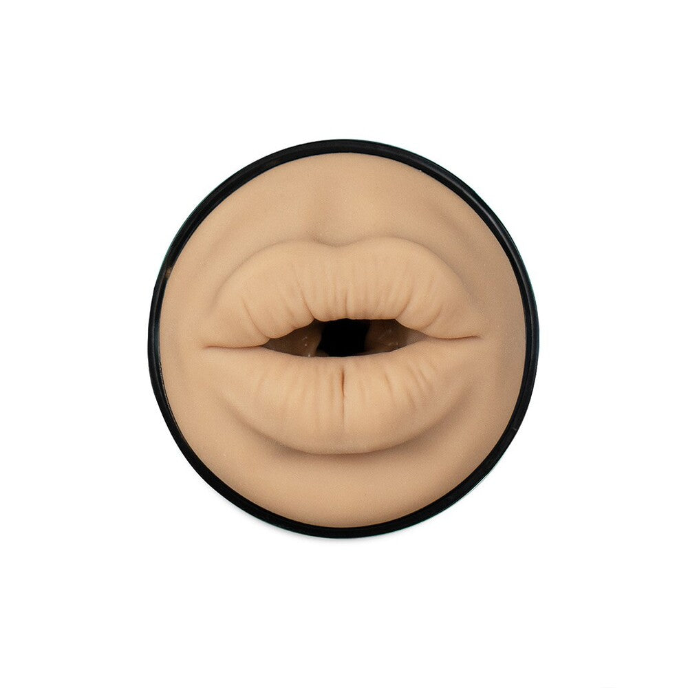 Cosmetic product with a close-up of lips on a white background