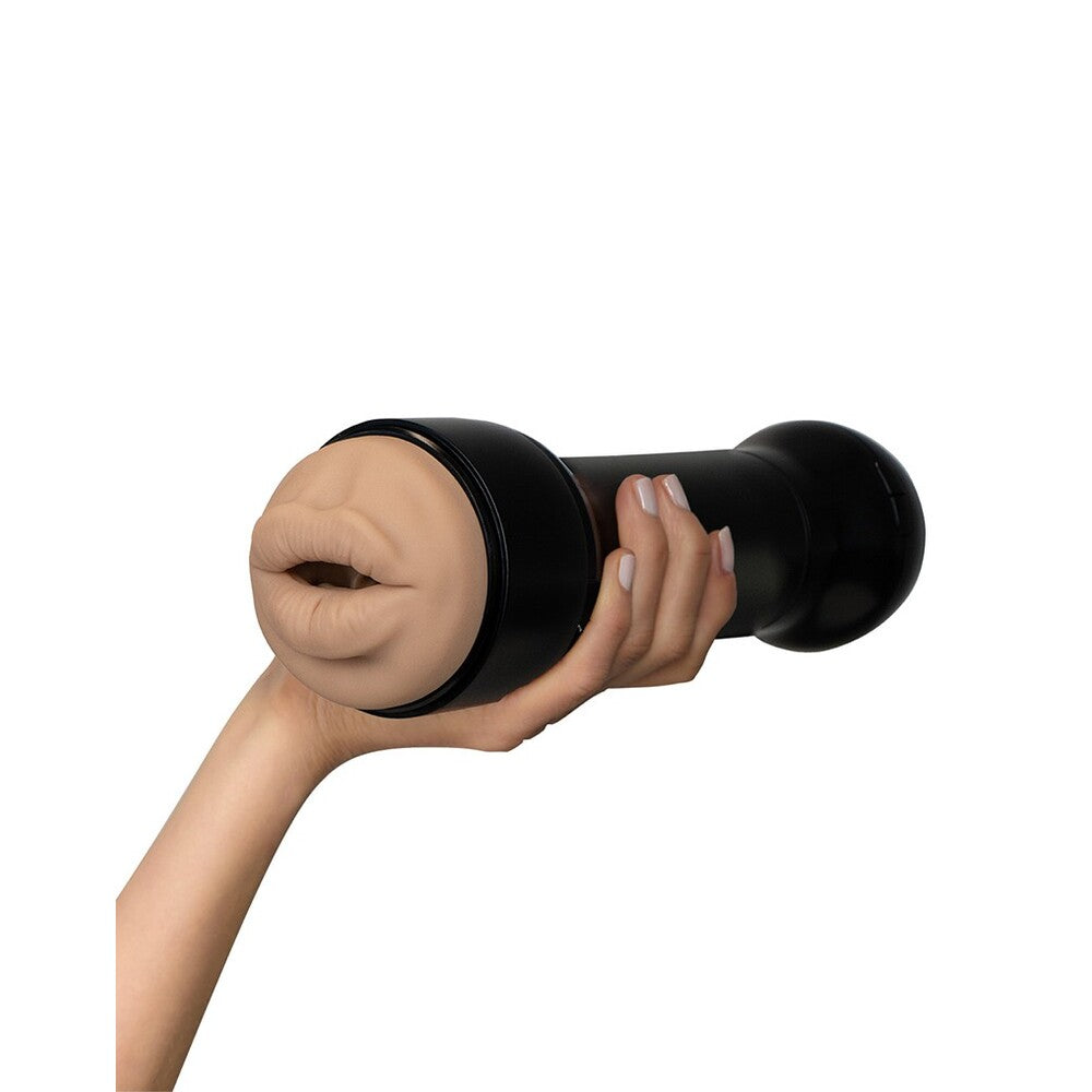 Hand holding a pepper grinder with a realistic face design on a white background