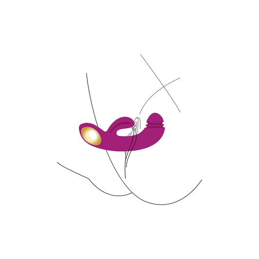 A purple and gold-colored dual-touch G-spot vibrator with a unique round shape and a small ring at the base for easy handling.