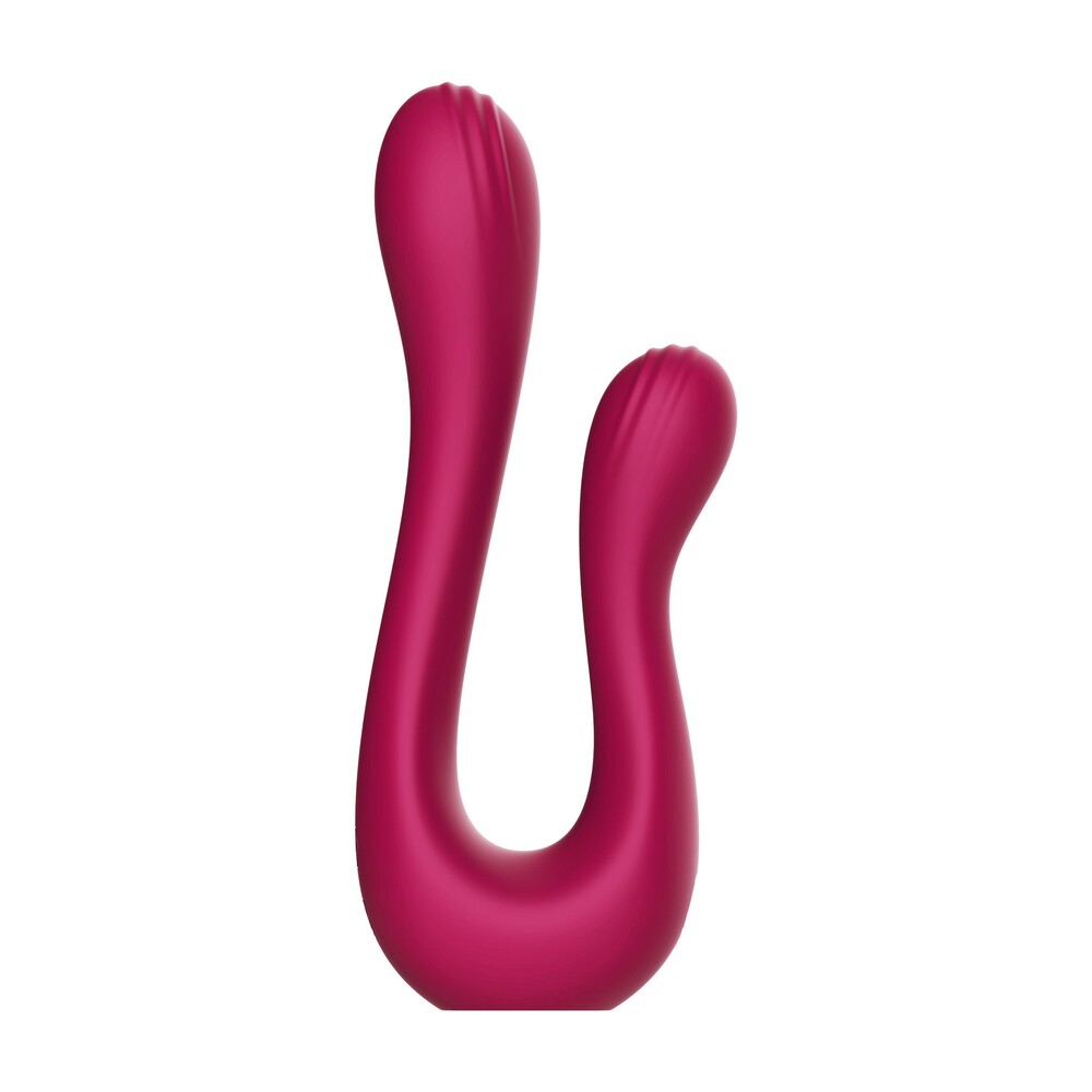 A pink, double-headed vibrator with a sleek, ergonomic design, featuring two curved ends for targeted stimulation.