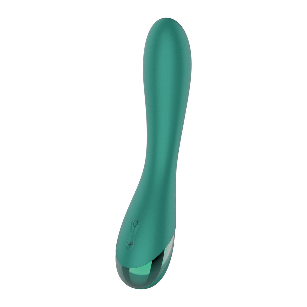 A green, sleek and curved G-spot vibrator made of silicone with a smooth surface.