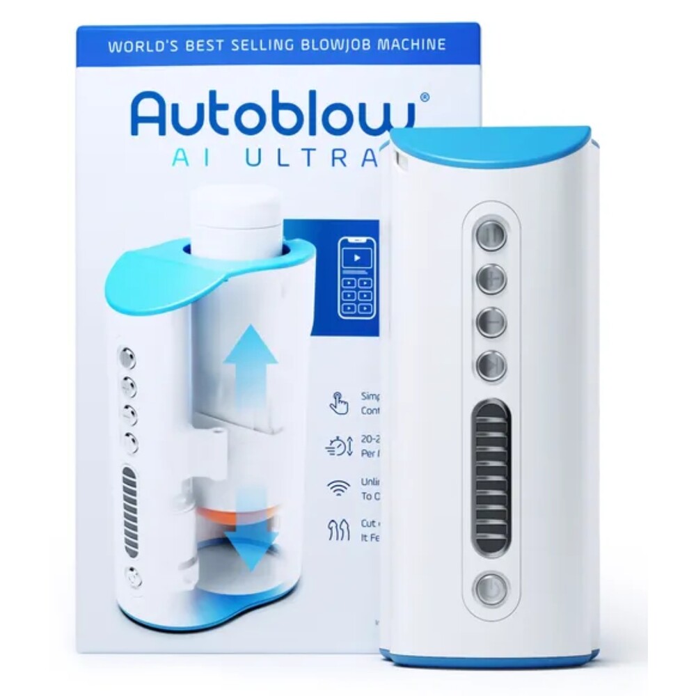 The product image shows the Autoblow Masturbator AI Ultra, a cylindrical white machine with a blue lid and control panel. The packaging highlights its features, including video sync technology and AI-controlled functions.