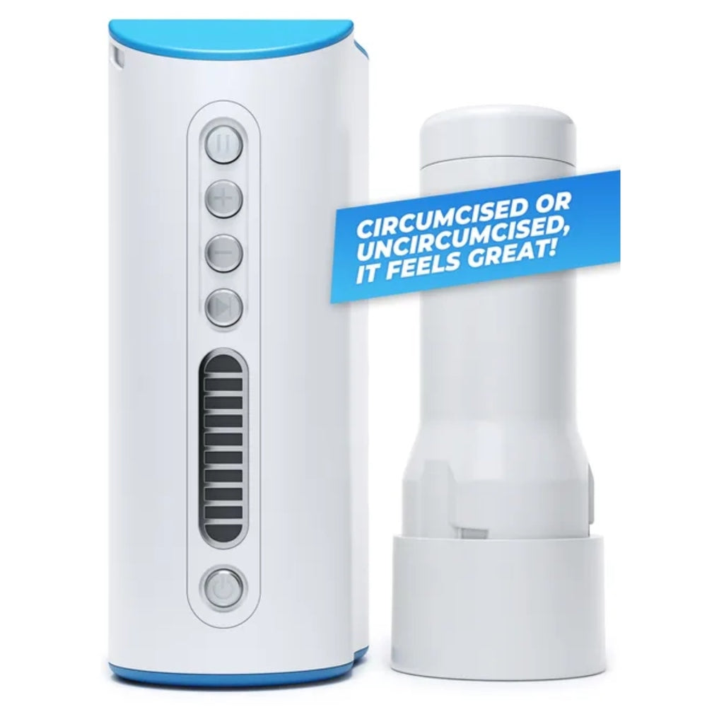 White and blue personal care device with text on a white background