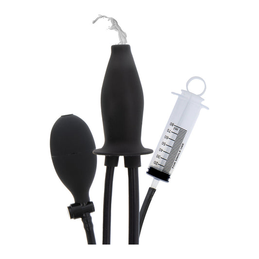 Set of black silicone nozzles and a syringe with measurement markings on a white background