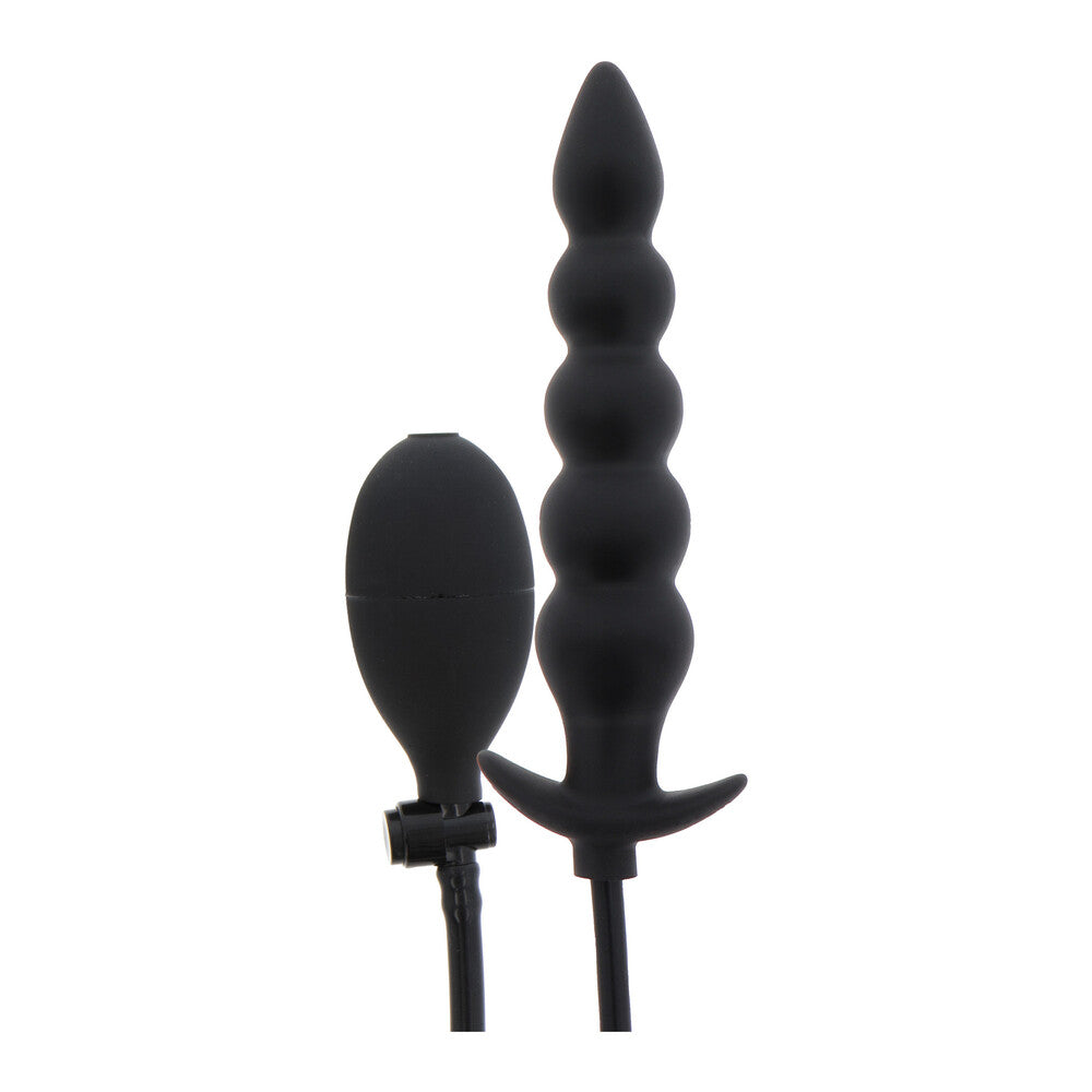 Black silicone butt plug with a remote control on a white background