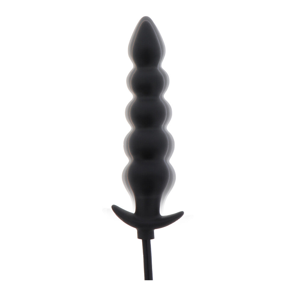 Black silicone butt plug with a white background