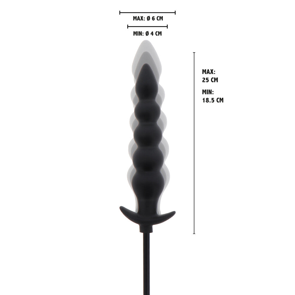 Black silicone butt plug with measurements on a white background