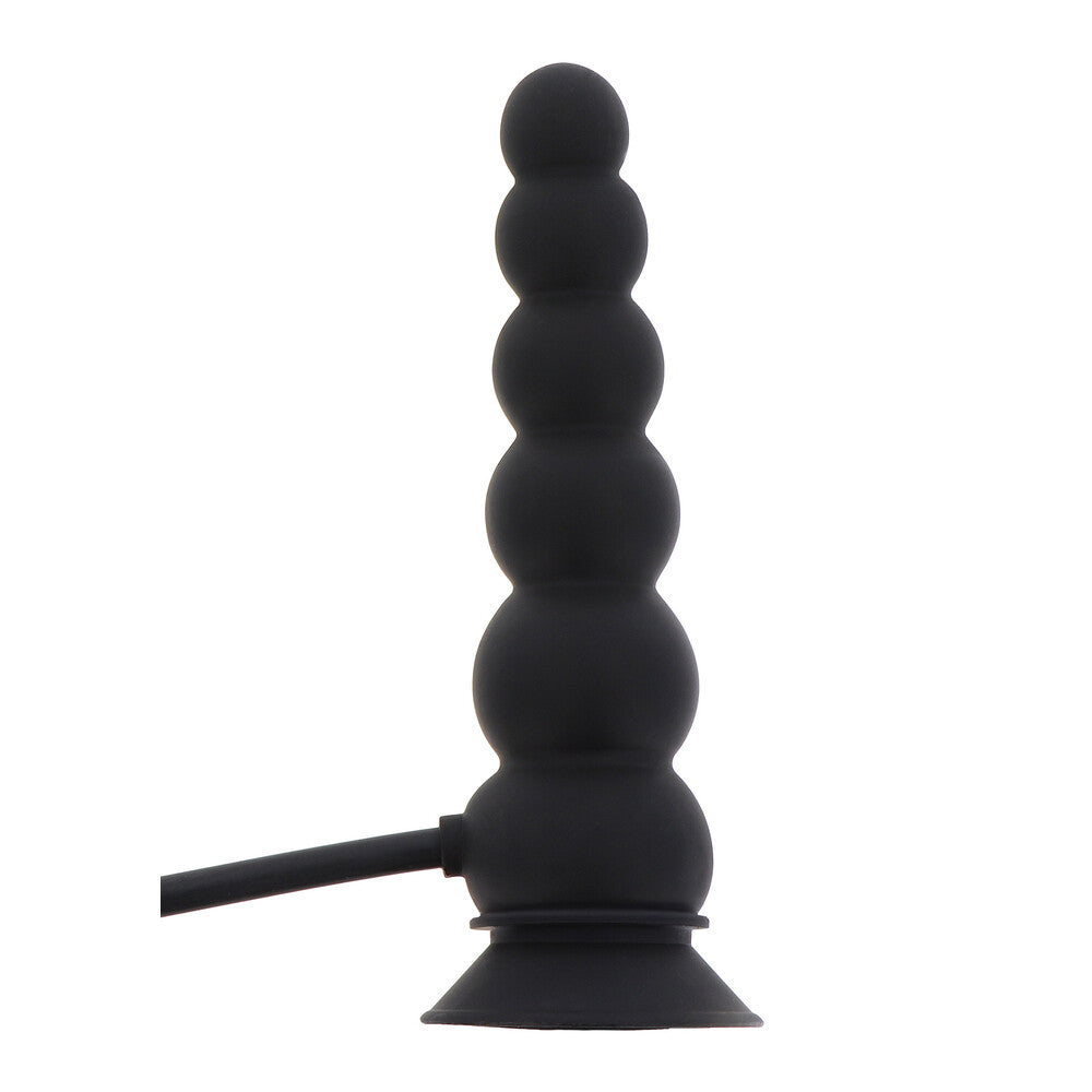 Black silicone butt plug with a flexible hose on a white background