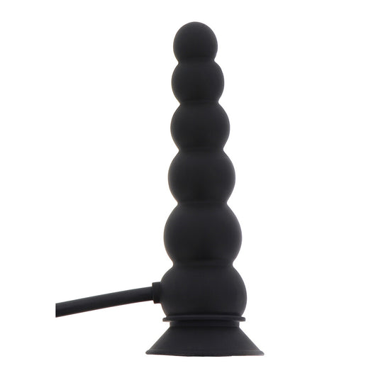Black silicone butt plug with a flexible hose on a white background