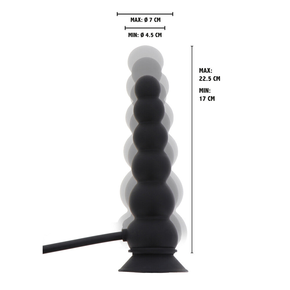 Black silicone butt plug with measurement details on a white background