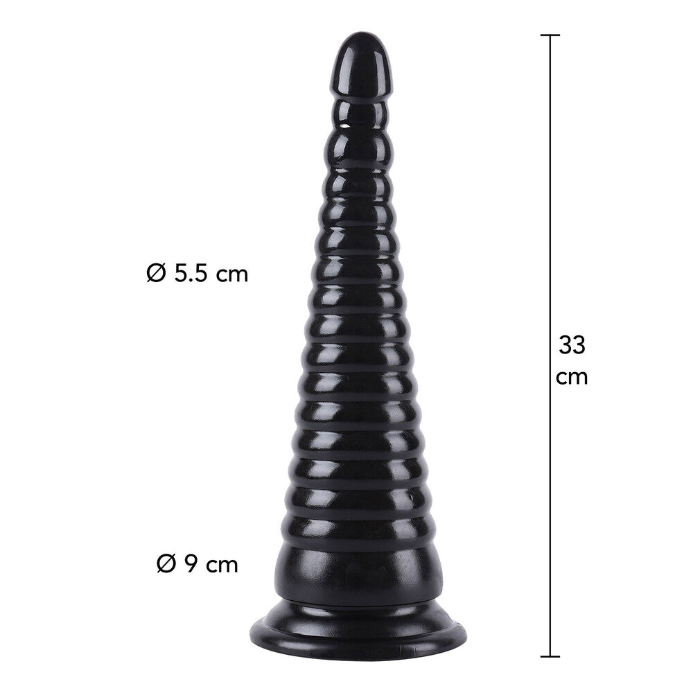 Black cone-shaped object with measurements on a white background