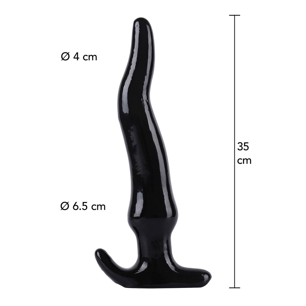 Black flexible tool with measurements on a white background