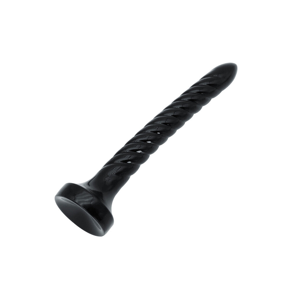 Black screw with a twisted design on a white background