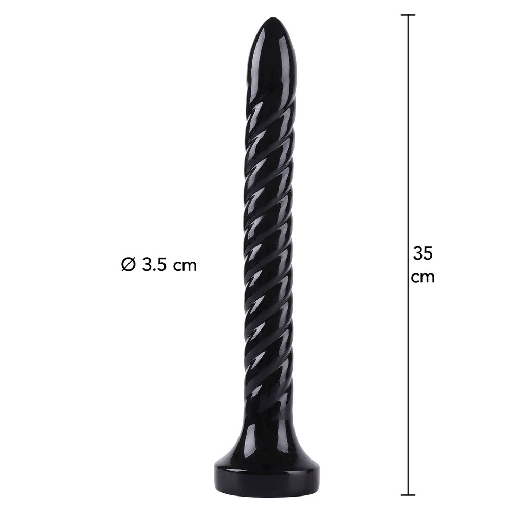 Black cylindrical object with measurements on a white background