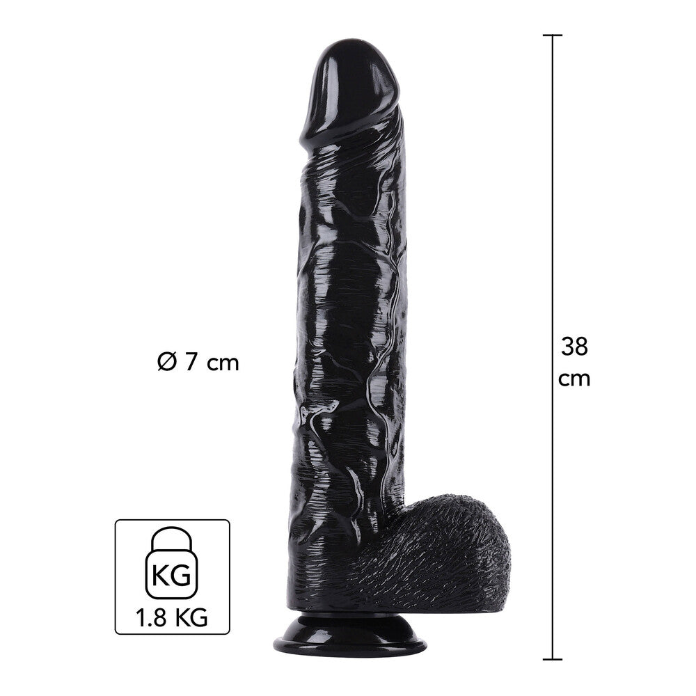 Black silicone butt plug with measurements and weight indicator on a white background