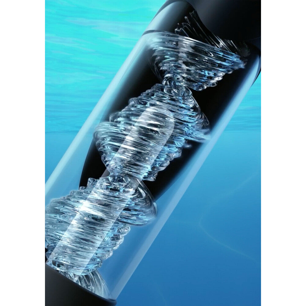 Close-up of a water bottle with a clear water stream flowing out on a blue gradient background