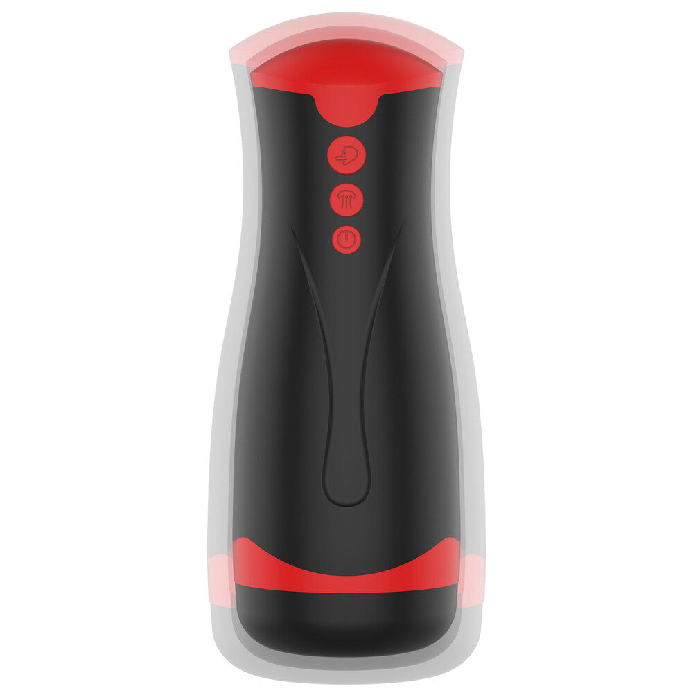 A black and red handheld masturbator with a sleek design. The top part is red with buttons for controlling the settings, and the bottom part is black, indicating a textured sleeve inside for stimulation.