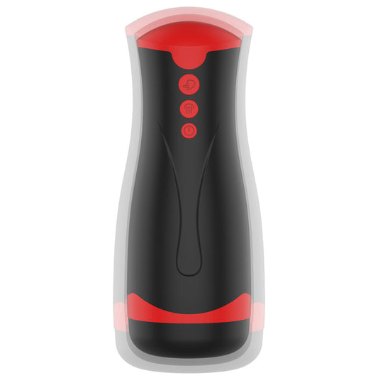 A black and red handheld masturbator with a sleek design. The top part is red with buttons for controlling the settings, and the bottom part is black, indicating a textured sleeve inside for stimulation.