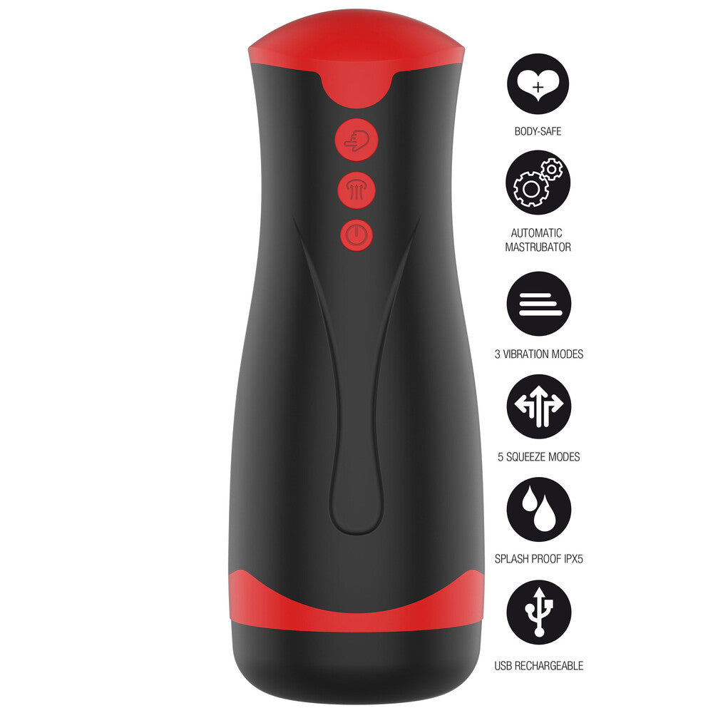 Black and red vibrator with features listed on a white background