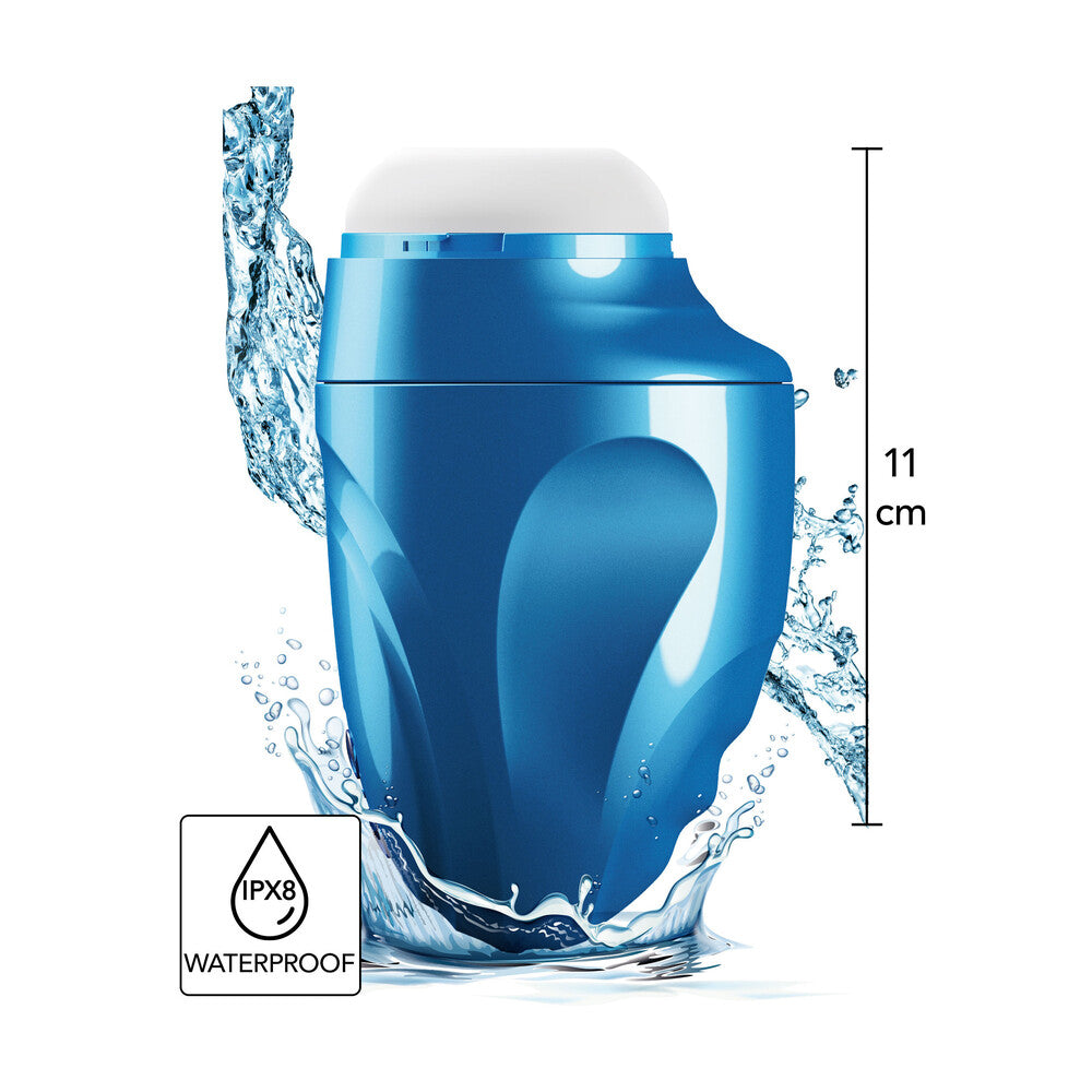 A blue, cylindrical male masturbator with a sleek design, showing water splashing around it, indicating its waterproof feature.