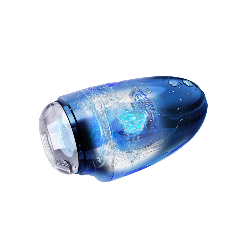 Blue cylindrical device with water effects on a white background