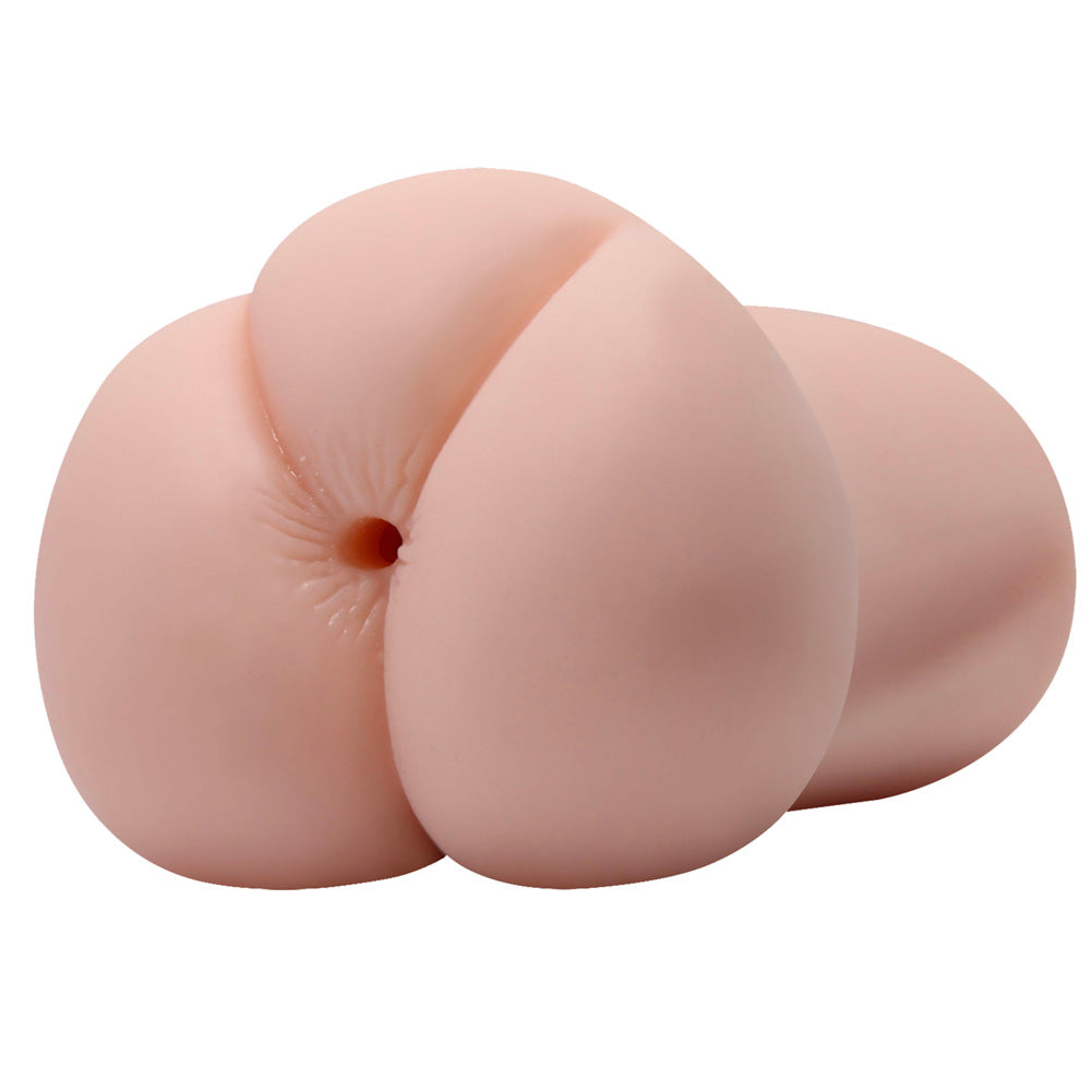 A flesh-pink hand-held masturbator with a realistic design, featuring a smooth and compact structure.