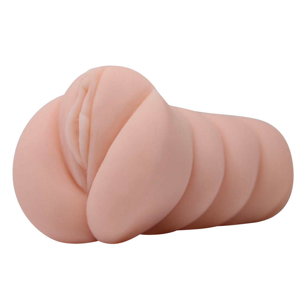 A flesh-pink, hand-held masturbator with a realistic vaginal orifice and folded texture surface.