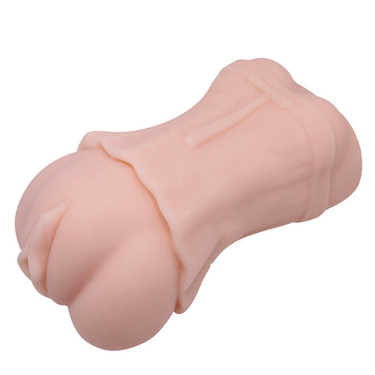 A flesh-pink male masturbator with a realistic vaginal orifice and detailed folds, designed to mimic the female anatomy.