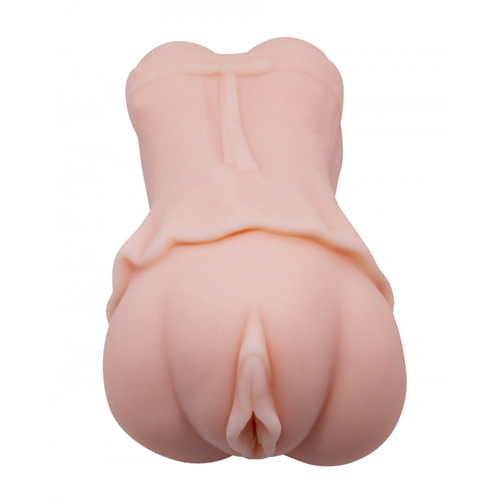 A flesh-pink male masturbator with a realistic vaginal orifice and detailed folds, designed to mimic the female anatomy.