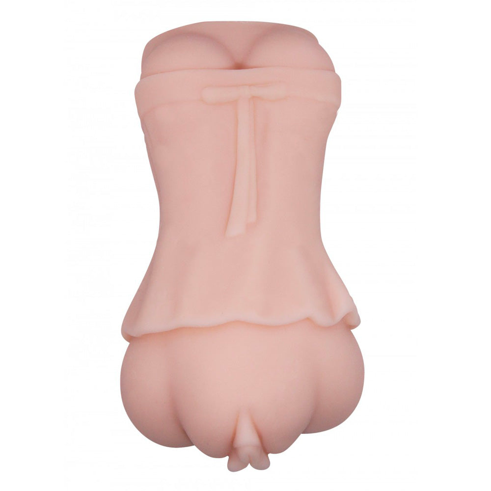 A flesh-pink male masturbator with a realistic vaginal orifice and detailed folds, designed to mimic the female anatomy.