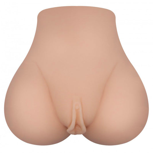 A flesh-pink masturbator designed to resemble a female lower body, with a smooth exterior and realistic details.