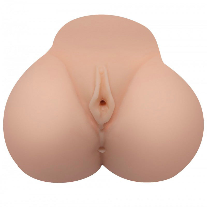 A flesh-pink masturbator designed to resemble a female lower body, with a smooth exterior and realistic details.