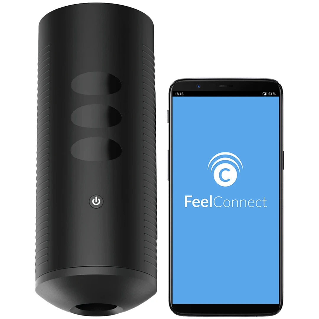 Black cylindrical device next to a smartphone displaying the 'FeelConnect' app on a white background