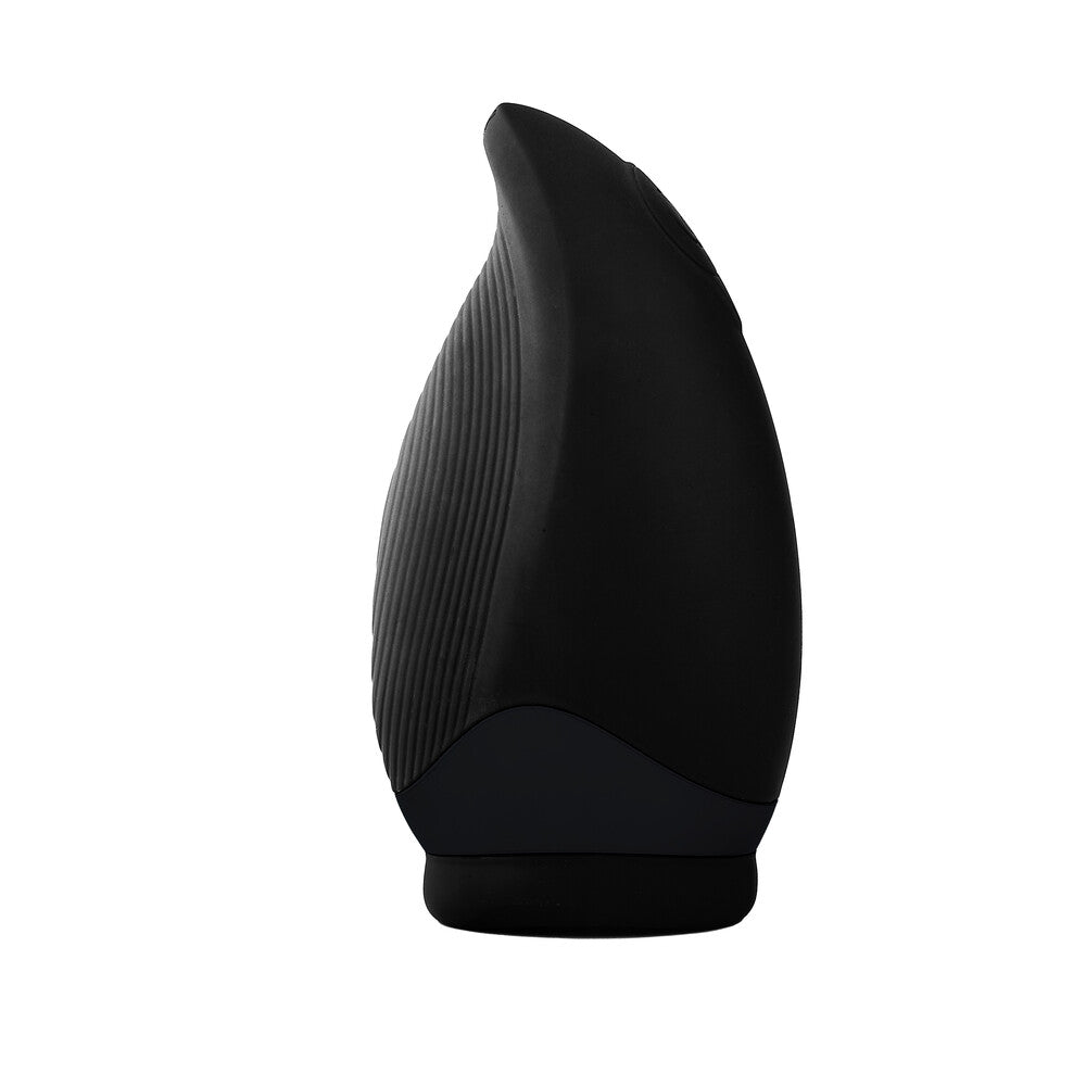 A black, sleek and slightly ribbed male masturbator with a smooth, tapered opening.
