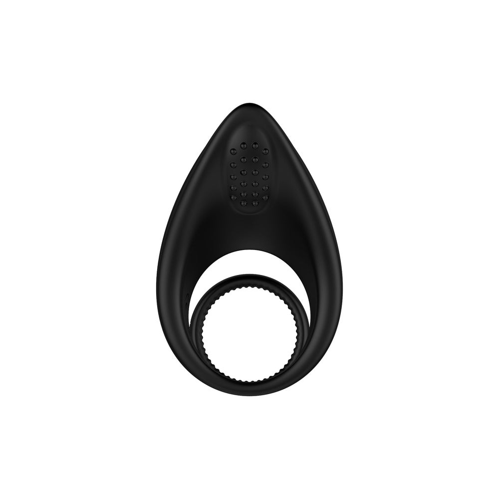 Black teardrop-shaped object with textured surface on a white background