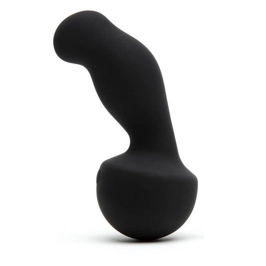 A black, curved silicone massager with a smooth surface. The device is designed for intimate use and has a pivot base and a shaft, each with a motor for simultaneous stimulation.