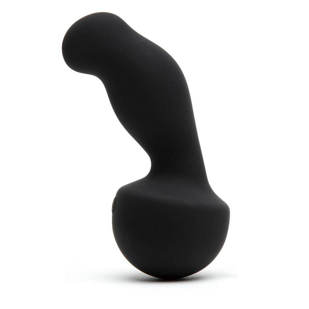 Black silicone butt plug on a white background