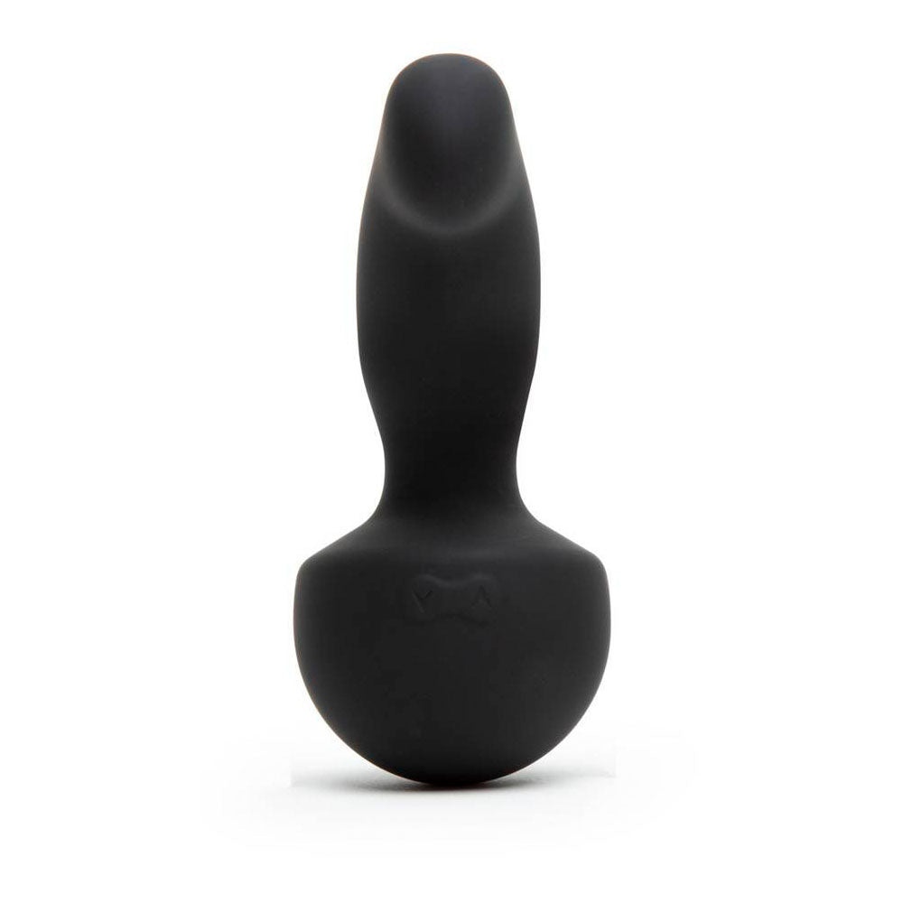Black silicone butt plug on a white background