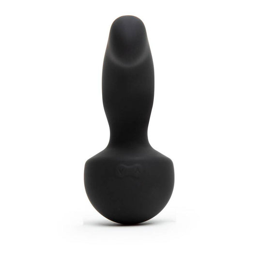Black silicone butt plug on a white background