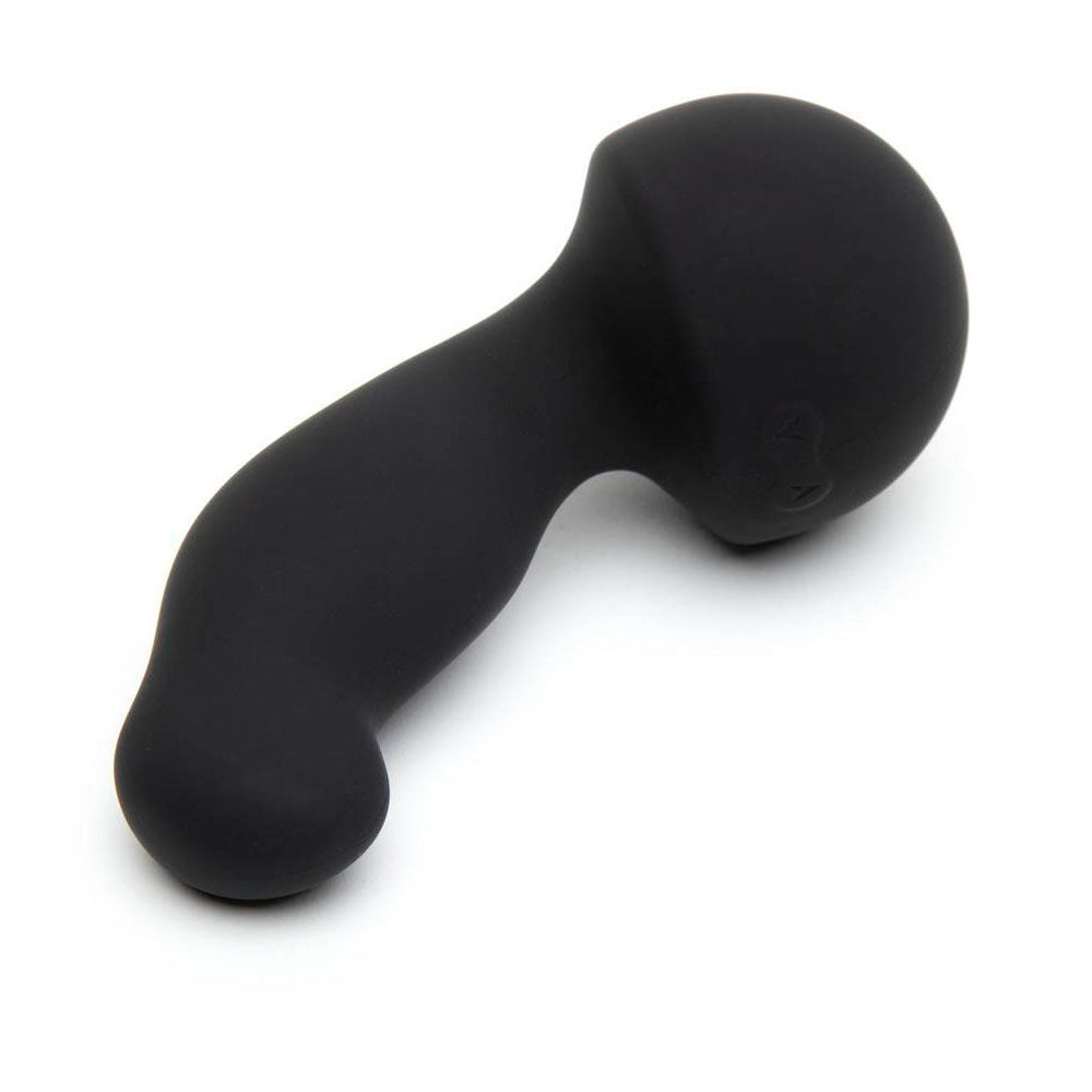 A black, curved silicone massager with a smooth surface. The device is designed for intimate use and has a pivot base and a shaft, each with a motor for simultaneous stimulation.