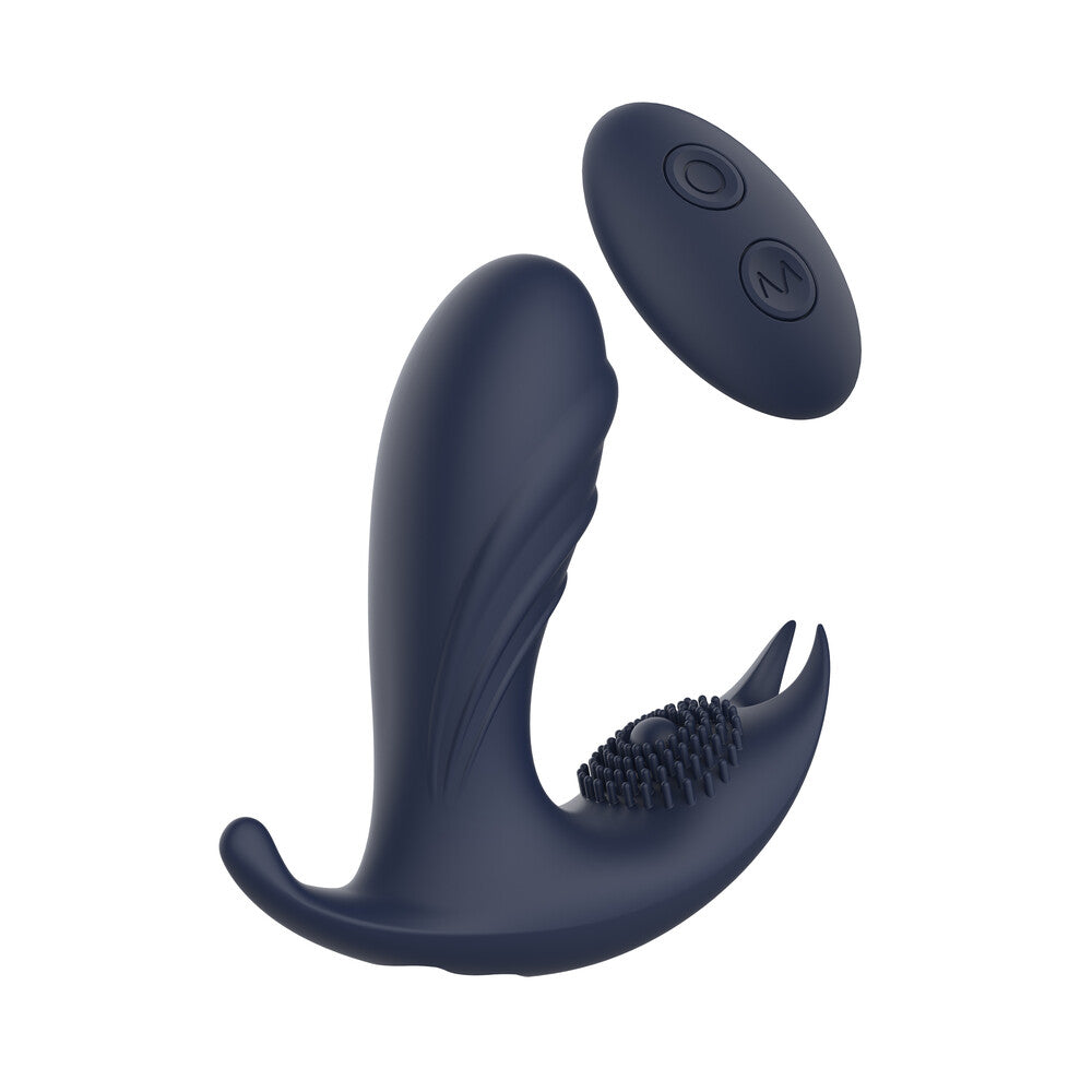 Navy blue silicone toy with a remote control on a white background