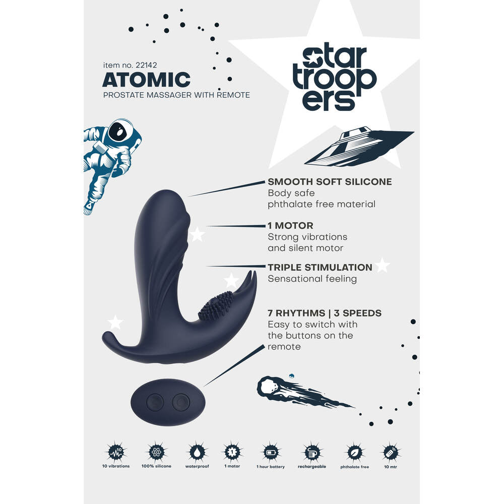 Prostate massager with remote control on a branded background
