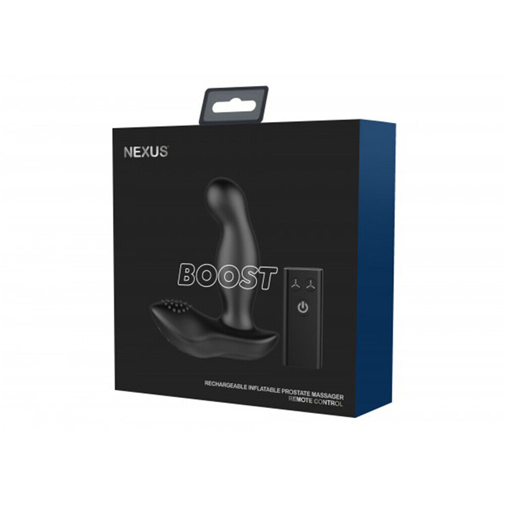 Nexus Boost rechargeable inflatable prostate massager packaging on a white background