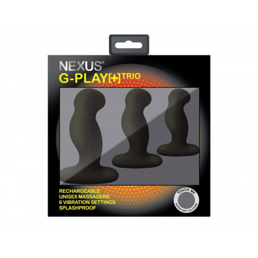 Packaging of Nexus G-Play Trio rechargeable unisex massagers on a white background