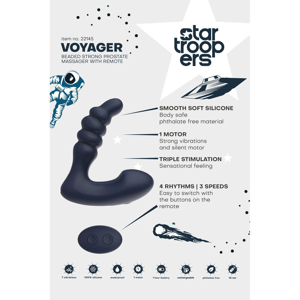Voyager beaded strong prostate massager with remote on a white background, featuring branding and product details.